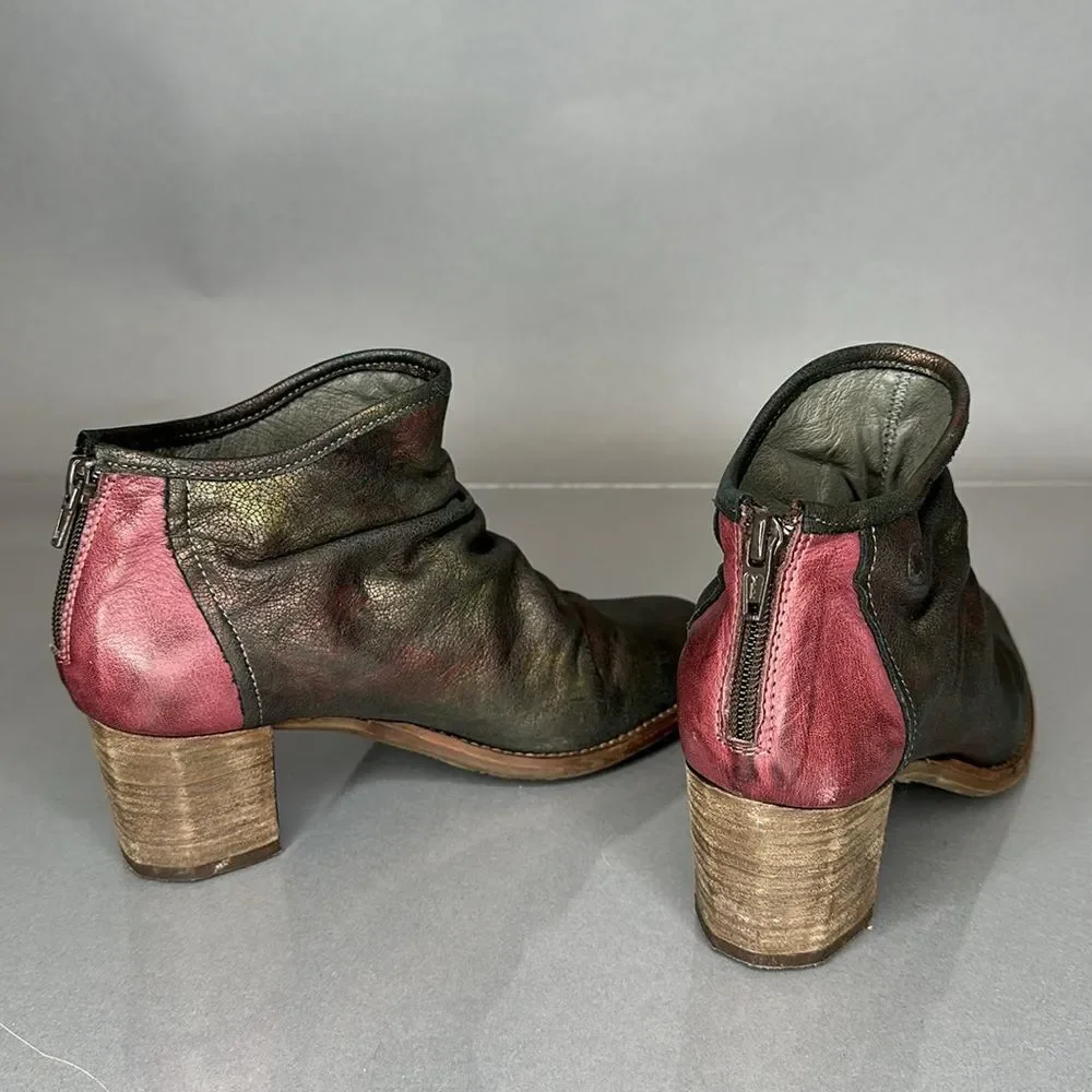 DKODE Ankle Boots Leather Metallic Distressed Pink Heel Size 37 US 6.5 (A-1503)